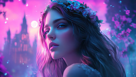 Beautiful woman with long hair, fantasy world background, fantasy castle in the distance, pink moonlight shining on her face, lush hair, floral hair crown, soft lighting, high resolution, high detail, cinematic, fantasy art style, realism, digital painting, vibrant colors, fantasy character portrait, purple and blue tones, close-up --ar 118:67 --v 6.1 Job ID: 7ee822a3-ac9f-4a15-b9e2-b9c31e7a2cb1の素材