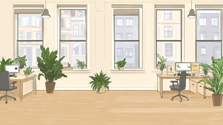 Create a detailed interior outline sketch representing an eco-friendly office with recycled materials and a focus on sustainability, captured in clear, realistic 4k perspective --chaos 30 --ar 16:9 --v 6.1 Job ID: dbec3ac1-555d-4970-ae9f-1c29979ddaf5の素材