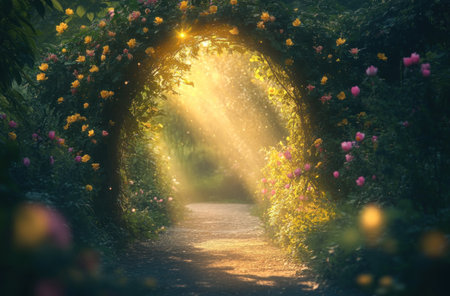 Beautiful, magical archway in the forest, with flowers and rays of golden light shining through, a fantasy background. --ar 62:41 --v 6.1 Job ID: ac399905-2008-493d-ae26-5d45acf38696の素材