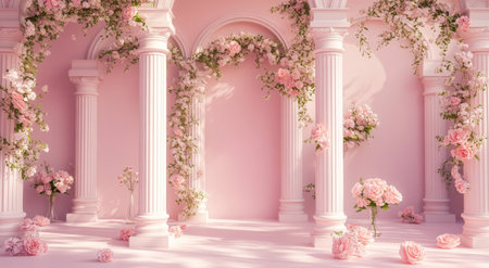 A beautiful light pink wall with columns and an arch, a floral backdrop for a photo shoot, a flower garland on the pillars and arches, roses in vases, a photo studio backdrop, photography lighting, cinematic, and ultra-realistic. --ar 78:43 --v 6.1 Job ID: b624a3da-55d9-4833-aa5f-f6516b8ca1abの素材
