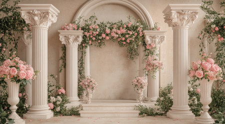 A beautiful vintage wedding stage with pink flowers and green plants, surrounded by white columns on both sides of the scene. The background is a beige wall with an arch in front of it. In front of each column stands a small pedestal for product display. There is also some decoration placed between these pillars. --ar 78:43 --v 6.1 Job ID: 4e099783-a98a-46ff-9b36-39a042183c9cの素材