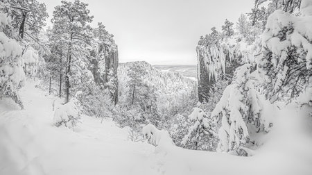 Craft a stark, black and white panoramic vista of a snow-dusted mountain range, emphasizing the textures of rock and frozen foliage with natural light and shadows, devoid of all life --chaos 30 --ar 16:9 --v 6.1 Job ID: 8efa4649-5727-4d14-bf94-7b0bbf34a69eの素材
