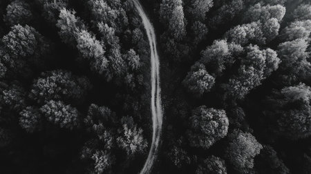 Generate a scene of a winding dirt road disappearing into a dense forest, the composition emphasizing the shadows and light playing within the black and white natural landscape --chaos 30 --ar 16:9 --v 6.1 Job ID: d57cd357-cdf1-4e49-ac3d-c1516251f544の素材