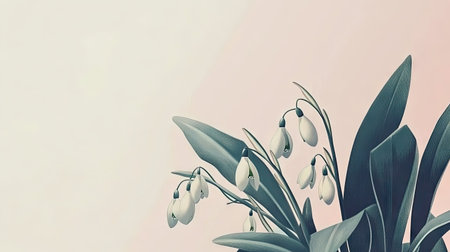 Create a botanical drawing of a cluster of snowdrops, depicting their delicate, nodding white flowers and slender green leaves --chaos 30 --ar 16:9 --v 6.1 Job ID: ab17ad42-dcd3-4f07-8fb8-11ac11a90505の素材