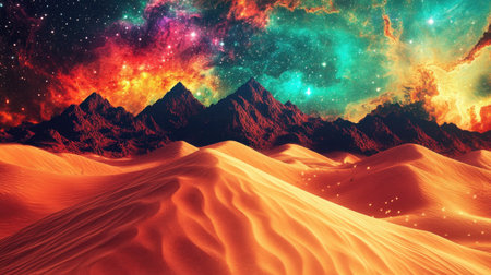 Visualize a dramatic sand dune field under a starry night, revealing the textures and shapes under celestial lights --chaos 30 --ar 16:9 --v 6.1 Job ID: 0e436c4a-55b2-4494-a80b-4f54dbf83ffaの素材