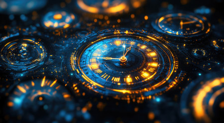 Abstract background with clocks and time elements, digital art style, dark color backgrounds, illustration, vibrant colors, high resolution, hyperrealistic, highly detailed --ar 78:43 --v 6.1 Job ID: bd6fedca-1149-4baa-bbbd-41dbe1069625の素材