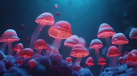 Visualize an ethereal, bioluminescent mushroom forest illuminated by a soft, internal glow, crafting an alien and magical atmosphere --chaos 30 --ar 16:9 --v 6.1 Job ID: 43ed2e0b-f342-490c-84f5-18a5789d9045の素材