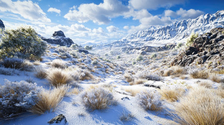Create a detailed image of a windswept, snow-covered tundra, showcasing the resilience of low-lying vegetation against the elements --chaos 30 --ar 16:9 --v 6.1 Job ID: c975df81-228f-4400-a9ce-f07ae9886e28の素材