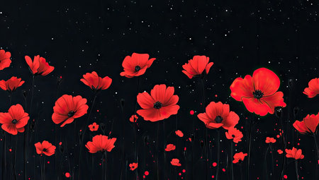 Minimalist illustration of red flowers against a black background, with a night sky. --ar 53:30 --v 6.1 Job ID: 48bc9358-8d02-405f-9ec9-6037f91b7454の素材