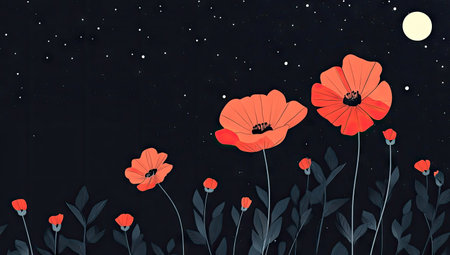 Minimalist illustration of red flowers against a dark night sky, in the style of vector art with a flat design. The composition features simple shapes and clean lines, creating a cute and visually appealing image. --ar 53:30 --v 6.1 Job ID: b5dab08c-c872-4d4c-9bad-d5dfdd9a07dfの素材