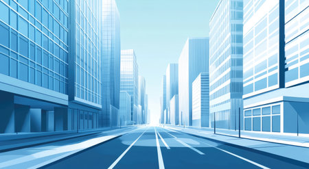 Minimalist cartoon vector illustration of an empty street with modern buildings, using shades of blue and white for contrast, creating a sleek urban background for commercial use. --ar 78:43 --v 6.1 Job ID: c2eb23ee-377a-4289-994e-281a13f00b3dの素材