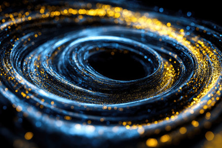 Abstract background with blue and yellow swirls of paint on a black canvas, creating an otherworldly effect. The swirling patterns create the illusion that you're being pulled into a vortex or traveling through time. This artwork is perfect for creative projects where it can be used to evoke mystery and intrigue. This is an ultra-realistic photograph captured using a high-resolution 3D rendering with a Canon EOS-1D X Mark III camera and an EF lens. --ar 3:2 --v 6.1 Job ID: ce8ab03a-ae24-453e-9619-c43292e6d141の素材