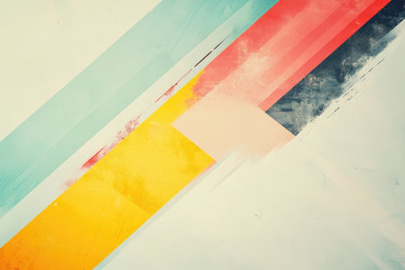 Abstract background with geometric shapes and soft colors, including pastel yellow, white, gray, light blue, pink, and orange. The composition includes a large diagonal red arrow pointing upwards, creating an abstract design that conveys motion or forward movement. There is space for text on the right side of the artwork, and it's set against a backdrop of blurred textures and a faint grainy effect to give depth and texture. --ar 3:2 --v 6.1 Job ID: d680bdbe-281a-425f-8d7a-e18b79aaacbbの素材