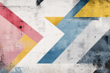 Abstract background with geometric shapes and soft colors, featuring a color palette of white, light blue, yellow, pink, gray, and red. The artwork is in a digital art style, with an illustration aesthetic, a vintage feel, and a grainy texture with distressed edges. A large arrow graphic is positioned on the left side of the screen. --ar 3:2 --v 6.1 Job ID: f3256420-87c0-4039-a169-5d6e14196643の素材