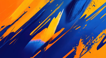 Abstract background with orange and blue shapes, grainy texture, angular lines, shapes, splashes of paint, digital art style, high resolution, vector illustration, Adobe Illustrator, flat design, graphic design, vector graphics, simple design, sharp edges, dark yellow color palette, bright blue color palette, chaotic elements, brush strokes, dynamic composition, unique angle, high contrast, shadows, highlights, Octane render, bold colors, modern graphic design, contemporary art, ultra-detailed, trending on ArtStation. --ar 78:43 --v 6.1 Job ID: 05406c4e-2cab-4d9e-bce5-aa0e497c42c3の素材