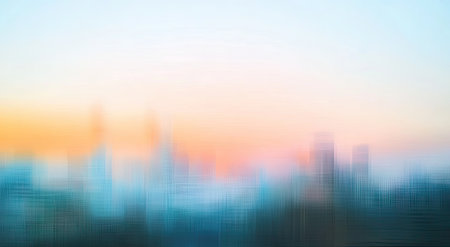 Abstract cityscape background with gradient sky and blurred buildings vector illustration, detailed illustration, high-resolution, professional photograph. The ultra-high-resolution photograph captures the natural colors of sunrise in pastel tones, depth of field, blurred city skyline, morning light, orange, blue, and green color theme, minimalist design, flat lay. --ar 78:43 --v 6.1 Job ID: 3b7efc87-d33d-48cc-bf53-9ed26d1dbc52の素材