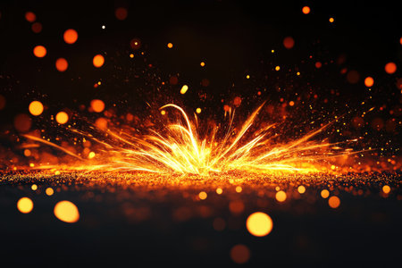 Abstract background with orange glowing particles and sparks on a black background. Glowing fire embers, with a bokeh effect. Abstract dark night scene with golden light particles. Shiny 3D rendered illustration, on a black background, with studio lighting, highly detailed, and high resolution. --ar 3:2 --v 6.1 Job ID: 333ef20a-df0a-47b3-a54a-d1e347ad9487の素材
