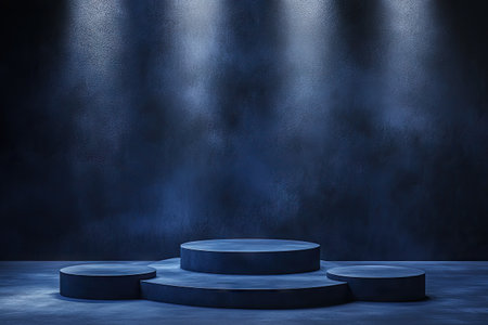 Abstract blue background with three podiums for product presentation, a minimalistic scene, 3D rendering illustration. Abstract blue background with three round stands, a minimalist stage design for product display, in the style of 40k, high resolution. --ar 3:2 --v 6.1 Job ID: 37e10117-8e2c-4054-9d39-3e3be98698d5の素材