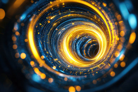 Abstract digital background with a yellow and blue color spiral pattern, creating an atmosphere of futuristic technology and data flow concept. The swirl design symbolizes the infinite vortex in cyberspace. A visual representation for virtual reality or the cyber world. High resolution. --ar 3:2 --v 6.1 Job ID: 679c83ca-ea79-4c7d-9579-445f942b59e8の素材
