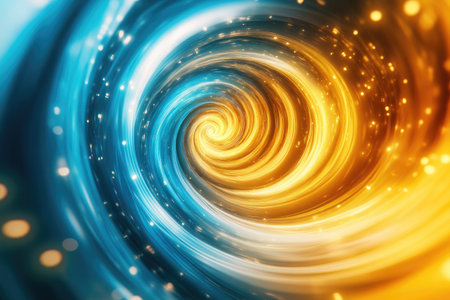 Abstract digital background with a yellow and blue color spiral pattern, creating an atmosphere of futuristic technology and data flow concept. The swirl design symbolizes the infinite vortex in cyberspace. A visual representation for virtual reality or the cyber world. High resolution. --ar 3:2 --v 6.1 Job ID: 679c83ca-ea79-4c7d-9579-445f942b59e8の素材
