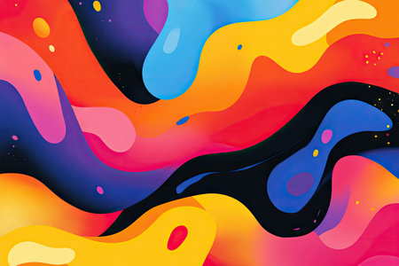 Abstract, colorful background with fluid shapes and vibrant colors. The illustration features swirling patterns of red, orange, yellow, blue, purple, pink, green, and black hues that create an otherworldly atmosphere. It has an organic feel, as if it were created with liquid paints or oil on canvas. This design would be suitable for creative projects like backgrounds, graphics, packaging, web designs, social media posts, posters, brochures, and advertising materials. --ar 3:2 --v 6.1 Job ID: 2d91dcda-0bc9-4c14-969a-fde81cc8bb46の素材