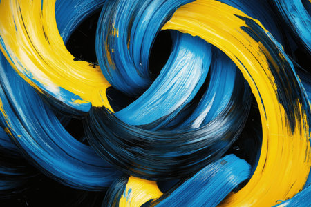 Abstract digital background with yellow and blue color spirals on a black backdrop, a cyberpunk concept. --ar 3:2 --v 6.1 Job ID: 2a72564c-21fb-4341-ae1c-7bab7b58e1e5の素材