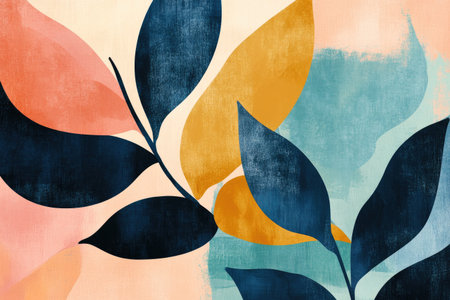 Abstract botanical illustration with organic shapes and bold colors, featuring leaves in shades of mustard yellow, teal blue, burnt orange, peach pink, navy blue, off-white, and dark gray. The composition includes an abstract leaf shape on the left side, set against a background that transitions from light to medium tones. This artwork has a modern feel, focusing more on color than detail or texture. It's presented as part of a vertical, AI-generated art piece. --ar 3:2 --v 6.1 Job ID: e9d5d059-a725-46a0-a4ba-6dec13f545ddの素材