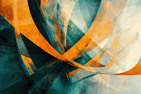 Abstract digital art depicting ancient Arabic calligraphy, with a sense of mystery and magic in the air. The colors are light orange and dark teal, set against a futuristic architectural backdrop. The composition features flowing lines, sharp edges, and organic shapes, all rendered in meticulous detail. --ar 3:2 --v 6.1 Job ID: 67b386c1-a756-46ae-b759-9563d5839b76の素材