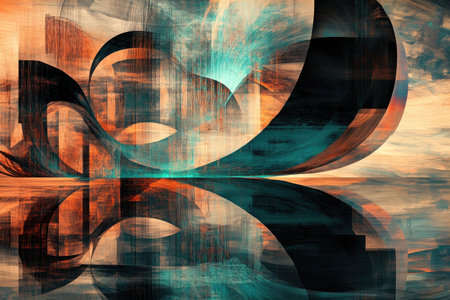 Abstract digital art of futuristic architecture, organic shapes, and fluid lines in earthy tones with hints of teal and orange. On the left side, there is an abstract representation of water and land. In the top right corner, there's a large, dark silhouette that forms the shape of a boat or ship. The background features digital patterns of swirling colors and geometric designs, creating depth and movement. --ar 3:2 --v 6.1 Job ID: 31a1bc09-62d8-4d75-b1fd-fed6e8bc6c9cの素材