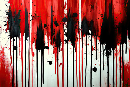 Abstract painting of red and black, with white stripes on the background, creating an atmosphere reminiscent of war and conflict. The composition includes elements that evoke feeling of fear or despair. In detailsle style, the colors create a sense of mystery and intensity. Black ink strokes with splashes and drips add to its dramatic effect. It symbolizes strength in moments of battle or turbulent times. --ar 3:2 --v 6.1 Job ID: 67ff3efa-8211-4837-838b-64bf8cb74336の素材