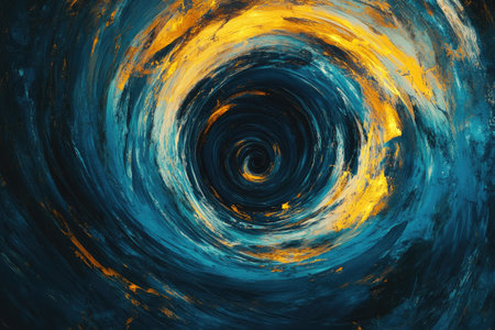 Abstract spiral background with blue and yellow colors, in the style of digital art, dark atmosphere, golden ratio composition, high resolution, wide-angle lens, psychedelic colors, dynamic lines, futuristic design. The center of the screen is an abstract black hole or wormhole. It's a highly detailed image with brush strokes and textures that give it depth and texture. --ar 3:2 --v 6.1 Job ID: 0432dd9e-11c5-4b11-a8f7-c26998d02658の素材