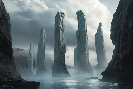 An alien landscape with large rock formations and tall structures rising from the water, in the style of fantasy, sci-fi, cinematic, and epic styles. The scene has a cold tonal palette and a cloudy sky, with a low-angle shot highlighting the monolithic pillars standing in the background. --ar 3:2 --v 6.1 Job ID: a0817570-0e45-4b41-a7d8-4b2bb596d821の素材
