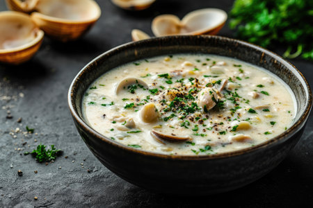 Clam chowder in a bowl on a dark background, a food photograph. --ar 3:2 --v 6.1 Job ID: b245036e-711e-44af-97af-cc2b96409793の素材