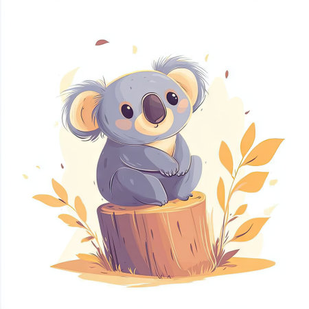 Cute koala sitting on the tree trunk, flat design illustration with a white background, vector clipart, doodle style, pastel colors, simple, cute, minimalistic design for a kids' t-shirt print, sticker, 2D graphic drawing, no shadows or gradient, no text, isolated from the edges of the paper. --v 6.1 Job ID: 38fce4c2-49d4-41b7-9de3-2e303d870ee8の素材