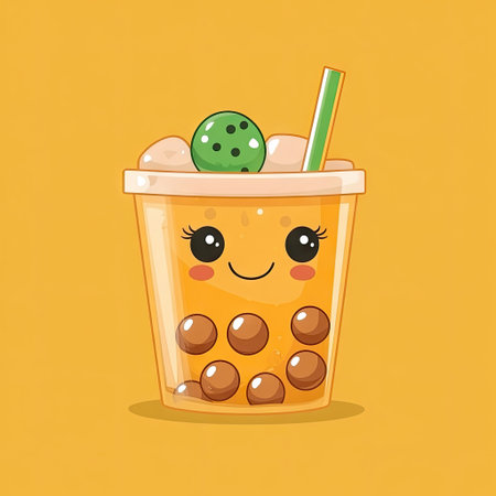 Cute glass of boba tea with ice cubes, in the style of a kawaii-style vector illustration in a flat design, with a cute face and smiling eyes, against an orange color background, with green bubble gum on top of the cup, a straw inside, and some small round brown sugar pearls floating around it. Isolated object. Vector Illustration --v 6.1 Job ID: 89a55571-597b-434d-a201-99ae3d550075の素材