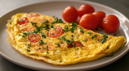 Photograph of an omelet on a plate, award-winning photography, stock photo style. --ar 78:43 --v 6.1 Job ID: 6824a22e-a4d8-4bf2-8105-42f4d695e565の素材