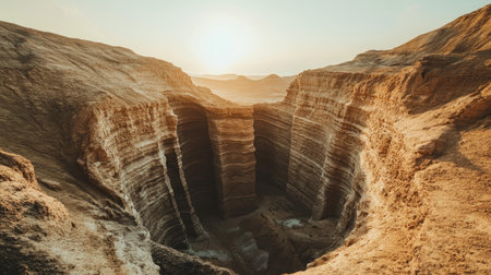 Illustrate a dramatic canyon at sunrise, with its layered rock formations painted in warm tones and a sense of vastness --chaos 30 --ar 16:9 --v 6.1 Job ID: 789d446c-9171-4f97-908a-653df82a6ae8の素材