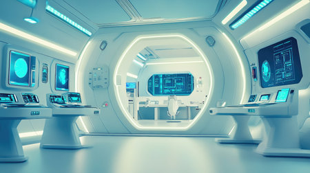 Sketch a futuristic control room interior, displaying advanced consoles, glowing screens, and a sense of technological sophistication, depicting a clear and crisp outline --chaos 30 --ar 16:9 --v 6.1 Job ID: da04dacc-4ce0-4841-81d1-ff9eeebec9d6の素材