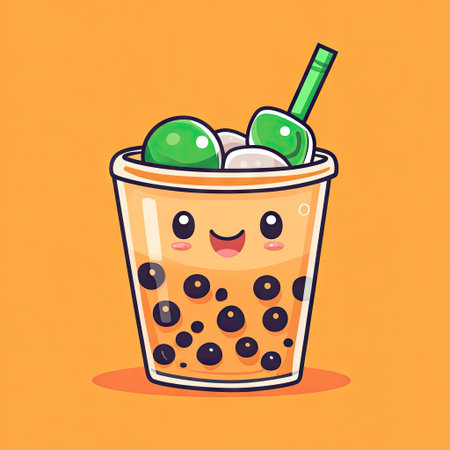 Cute glass of boba tea with ice cubes, in the style of a kawaii-style vector illustration in a flat design, with a cute face and smiling eyes, against an orange color background, with green bubble gum on top of the cup, a straw inside, and some small round brown sugar pearls floating around it. Isolated object. Vector Illustration --v 6.1 Job ID: 89a55571-597b-434d-a201-99ae3d550075の素材