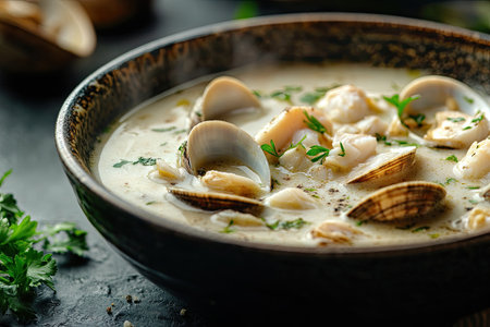Clam chowder with whitefish and clams in a bowl on a dark background, close-up, side view, food photography. --ar 3:2 --v 6.1 Job ID: de126e5e-f2d0-4c05-9e07-f8387d20a86cの素材