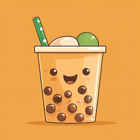 Cute glass of boba tea with ice cubes, in the style of a kawaii-style vector illustration in a flat design, with a cute face and smiling eyes, against an orange color background, with green bubble gum on top of the cup, a straw inside, and some small round brown sugar pearls floating around it. Isolated object. Vector Illustration --v 6.1 Job ID: 89a55571-597b-434d-a201-99ae3d550075の素材