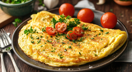 Photograph of an omelet on a plate, award-winning photography, stock photo style. --ar 78:43 --v 6.1 Job ID: 6824a22e-a4d8-4bf2-8105-42f4d695e565の素材