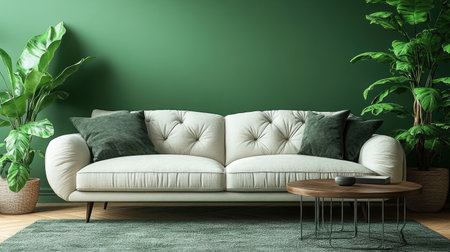 Sofa and coffee table against a green wall in the minimalistic interior design of a modern living room with copy space, a mock-up for home decoration or a furniture store, front view. --chaos 30 --ar 16:9 --stylize 750 --v 6.1 Job ID: 731432e3-7b83-4bfd-b168-30a20cec7e5dの素材