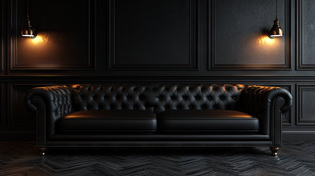 Black wall panel living room interior design with black sofa and coffee table against dark gray parquet floor. Modern home decor in minimalistic style. --chaos 30 --ar 16:9 --stylize 750 --v 6.1 Job ID: 0a20475e-6a52-486e-9ea4-cfce572896f3の素材