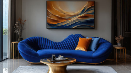 Photographer Chen Man's fashionable photography style features a dark blue velvet sofa, curved lines and shapes, with golden legs. In the living room full of light, luxury, and modern design, there is a warm glow shining from above. The clean background wall has an exquisite gold round coffee table on it. --chaos 30 --ar 16:9 --stylize 750 --v 6.1 Job ID: 388c11c1-b8f1-4e1a-ac44-cabf5482701dの素材