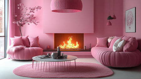 A pink minimalist living room with a sofa, fireplace, and a small round table in front of the wall. The background is pink walls, creating an atmosphere of calmness and comfort. --chaos 30 --ar 16:9 --stylize 750 --v 6.1 Job ID: b3bb5a3f-2219-4bed-8741-a8086fc1fda7の素材