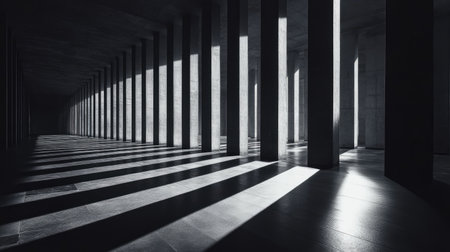 Long, interior hallway with many parallel concrete pillars. Sunlight streams through the pillars, casting strong shadows on the floor. The image is in black and white and features a sense of depth and space.の素材