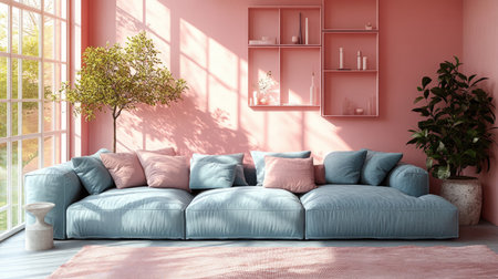 Minimalist living room with a pastel blue sofa and pink wall, 3D rendering. --chaos 30 --ar 16:9 --stylize 750 --v 6.1 Job ID: 047deaba-6886-4e31-8f0d-7bd33343ea27の素材