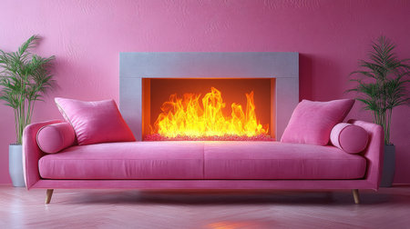 Pink sofa and fireplace in a minimalist interior design of a modern living room, with a pink wall background. --chaos 30 --ar 16:9 --stylize 750 --v 6.1 Job ID: b0436054-fc57-42b2-9d2f-d9e60362a9d2の素材
