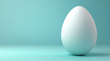 Single, perfectly smooth, white egg rests on a solid teal background.  The image is a simple,  shot, with minimal design elements and a focus on the egg itself.の素材